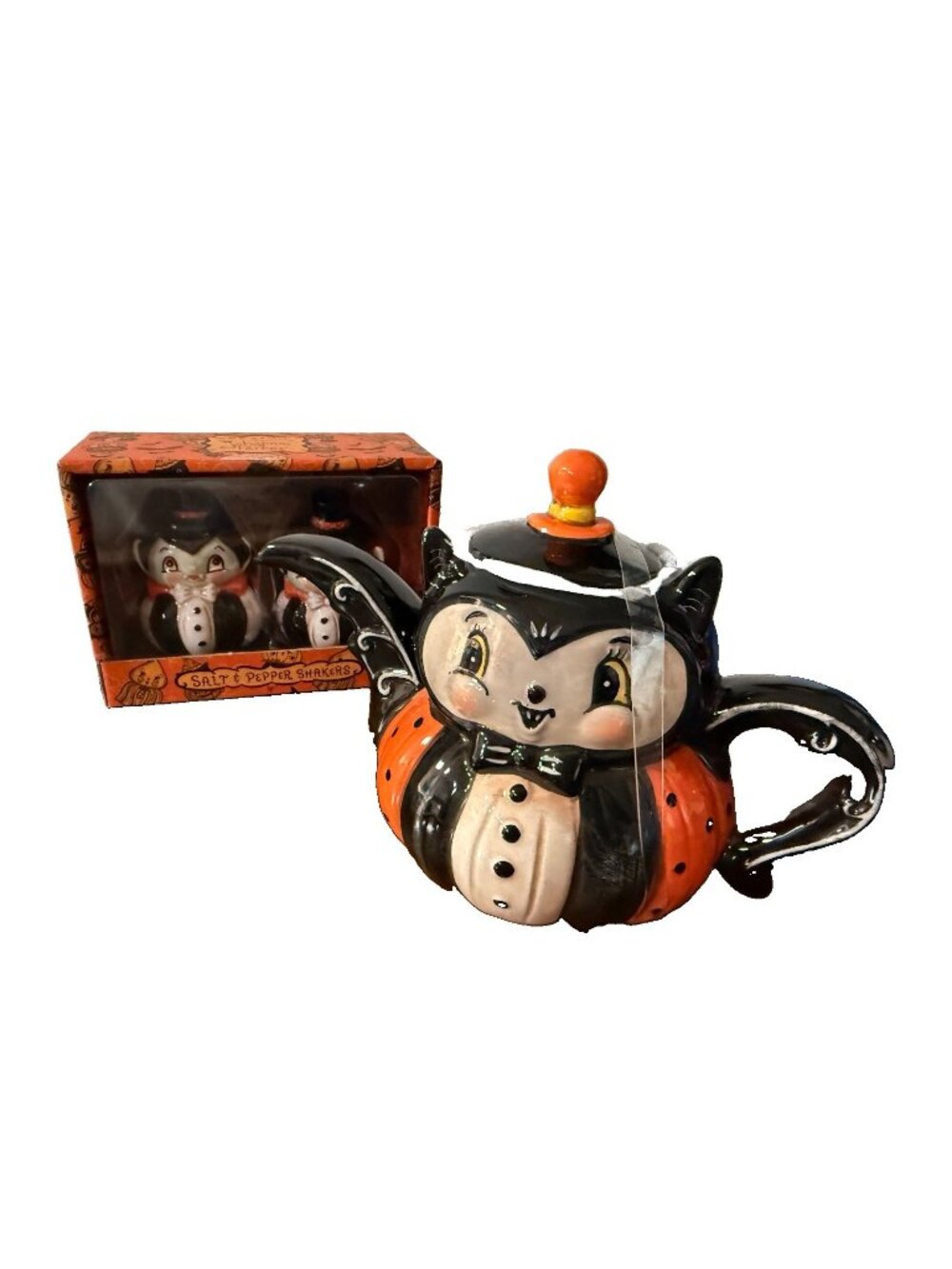 NWT Johanna Parker Vampire Bat Halloween Teapot Salt Pepper Shakers Retro Table